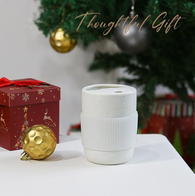 Handmade Ceramic Travel Coffee To Go Tumbler with Half Lid, 17oz Unique Tea Coffee Cup with Sip-top Lid, Speckle White - Image 6
