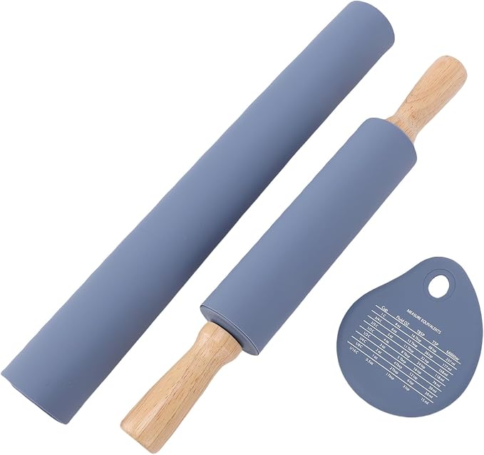 Keenso Silicone Pastry Mat Rolling Pin Set with Measurements for Baking Pizza Pies Bread Blue 3 Pieces - Image 3
