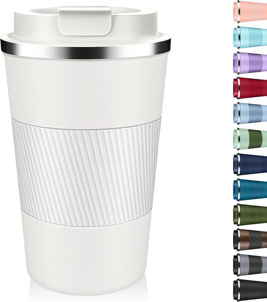 Insulated Coffee Tumbler 17 oz, Stainless Steel Coffee Mug with Lids, Travel Coffee Mug Leak Proof, Double Wall Vacuum Insulated Reusable Iced Coffee Cup, Keep Drinks Hot and Cold (White, 17 Ounces) by Unknown