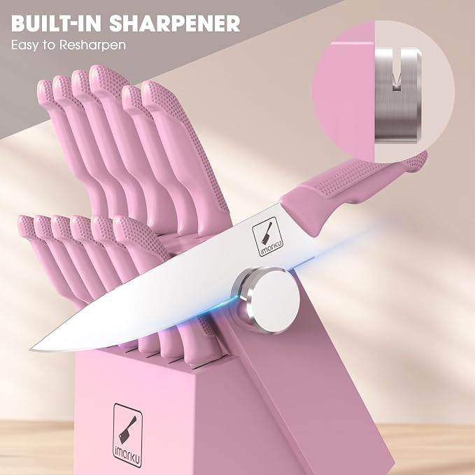 imarku 14-Piece Japanese High-Carbon Stainless Steel Kitchen Knife Set，Pink | Knife Set with Block|15°Precision Edge | 56±2 HRC Hardness | Built-in Sharpener|Ergonomic Handles|Gifts Mom & Dad - Image 6