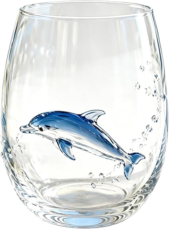 Handcrafted 3D Sea Turtle Stemless Wine Glass | Artisanal Ocean Theme Borosilicate Glassware, Coastal Marine Animal Decorative Drinkware, Coastal Home Decor Gift(Dolphins) by Unknown