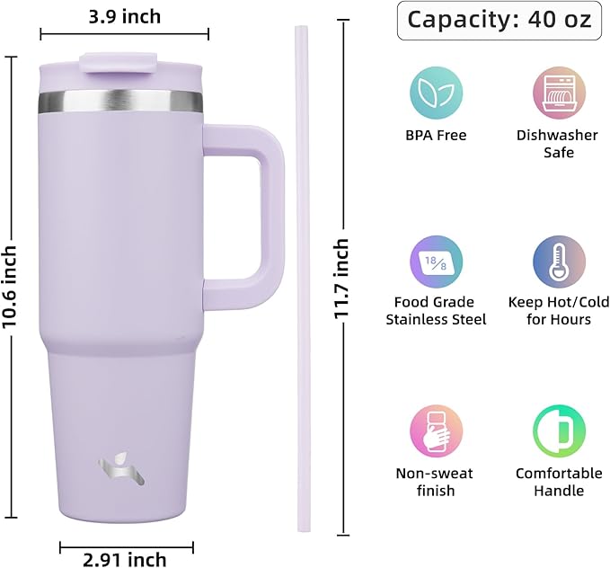 Konokyo 40 oz Insulated Tumbler Water Bottle with Handle, Straw Lid | BPA-free and dishwasher safe; made for gym, travel, coffee and gifting, 2 straws, cup holder friendly,Wisteria - Image 4