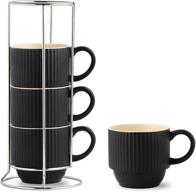 Hasense Black Coffee Mug Porcelain Set of 4 with Rack - 12 oz Stackable Coffee Cups Ceramic, Modern Ribbed Latte Cup Sets for Cappuccino, Tea, Espresso, Hot Cocoa, Drinks - Dishwasher & Microwave Safe by Hasense