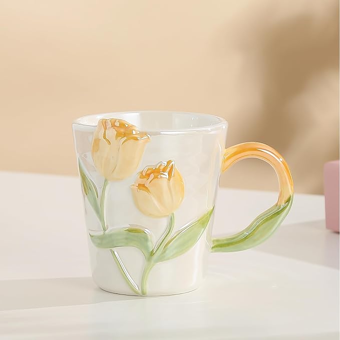 Tulip Flower Ceramic Mug 11.8Oz, Handmade Cute Coffee Tea Cup for Women, Unique Gift for Flower Lovers Mom Friend, Christmas Birthday Surprise, Yellow - Image 3