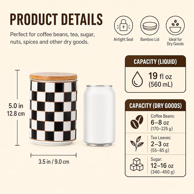 Kitchen Countertop Ceramic Checkered Canisters,Black And White Food Storage Containers With Lid,Airtight Kitchen Canisters for Flour, Sugar, Coffee, Tea, and Dry Goods (Black, Small) - Image 2