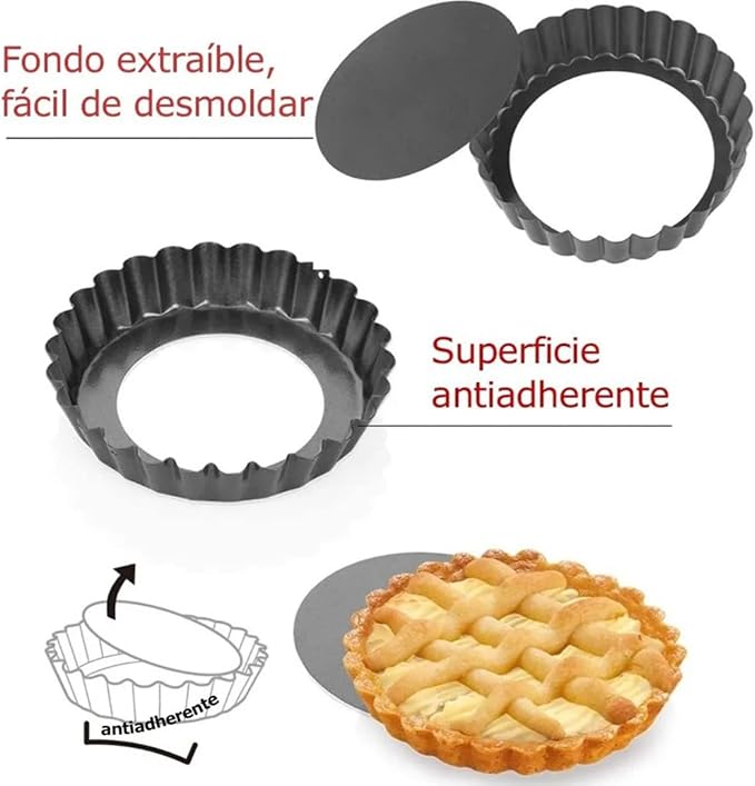 6PCS Removable Bottom Tart Pan Set, Carbon Steel, Non Stick Coating, 8cm Dia x 2cm H, for Quiche, Pie, Pizza Baking - Image 2