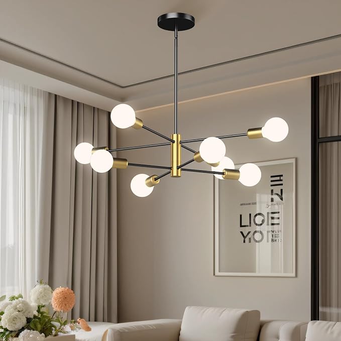 Modern Sputnik Chandelier, Ceiling Light Fixture Flush Mount 8-Light Black and Gold Chandeliers for Living Room Bedroom Dining Room Kitchen, Mid Century Chandeliers, E26 Base,(Bulbs Not Included) - Image 7