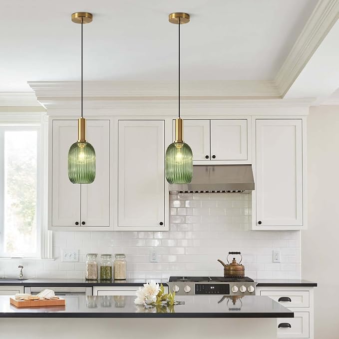 KCO 5.1” Mini Vintage Ribbed Glass Pendant Light Brass Gold Hanging Light | E26 Bulb Hardwired, Adjustable Cord Mid Century Modern Ceiling Lamp for Sloped Ceiling Kitchen Island Dining Room Bar Bedroom - Image 6