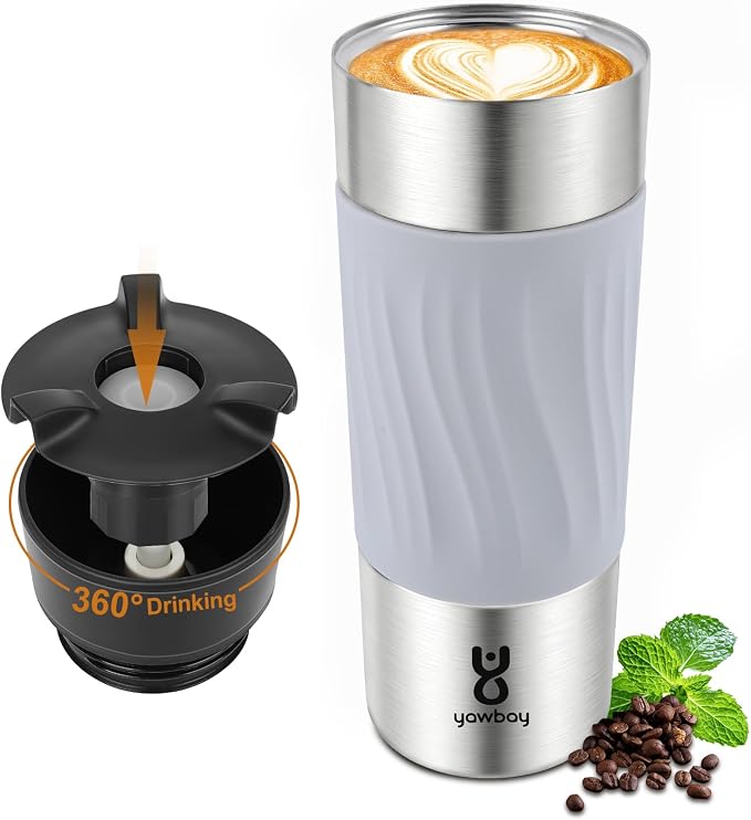 Travel Coffee Mug with 360°Lid, Travel Coffee Tumbler 16 oz Leak Proof, Stainless Steel Insulated Travel Mugs for Hot and Cold Spill Proof Leak Proof(Grey) by Yawbay
