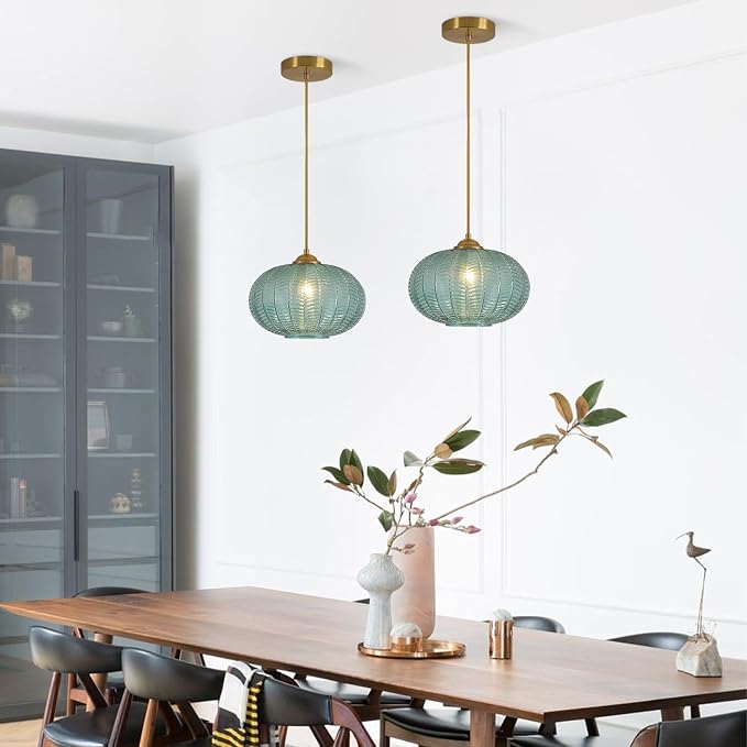 KCO Lighting Green Glass Chandelier Vintage Gold Pendant Light Large Green Ribbed Ceiling Light Antique Brass Hanging Light Mid Century Modern Pendant Lights Kitchen Island - Image 5