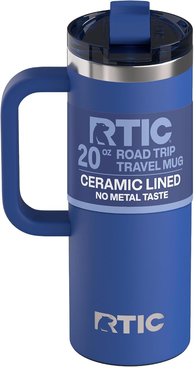 RTIC 20oz Road Trip Travel Mug with Lid and Handle, Ceramic Lined, Cobalt | Stainless Steel Metal, Insulated Travel Cup for Hot and Cold Drinks, Coffee, Car, Camping and Travel by RTIC