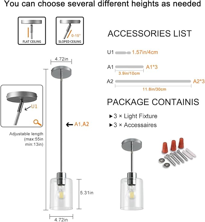 Chrome Pendant Lights Kitchen Island - Clear Glass Pendant Light Fixture Multiple Stems Rods 3 Units 12 Inch 3 Units 4 Inch (3 Pack Chrome Downrod) - Image 5