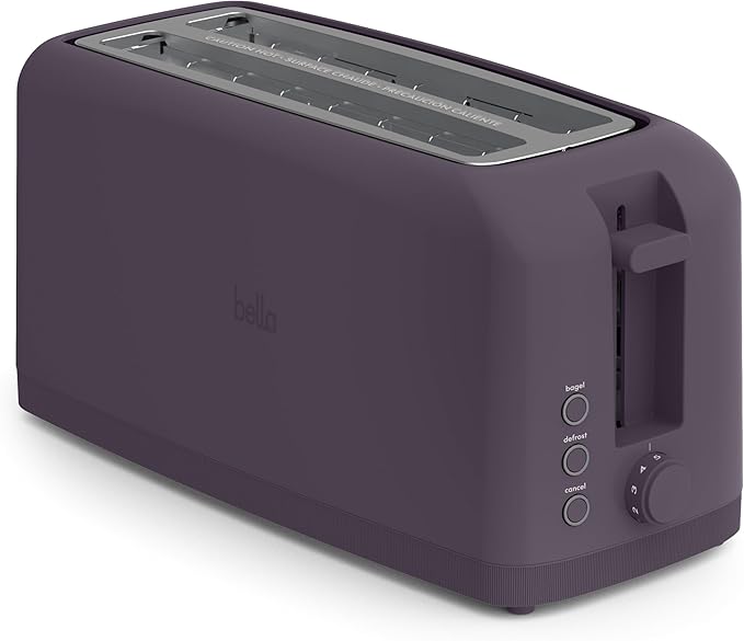 bella 4 Slice Slim Toaster, Fits-anywhere™ Kitchenware, 6 Setting Shade Control with Reheat & Cancel Buttons, Fits Sourdough, 10” Long Slot, Anti Jam & Auto Shutoff, 900 Watt, Plum by bella