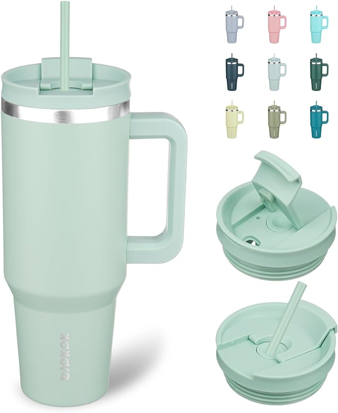 BJPKPK 40 oz Insulated Tumbler with Handle & Straw, Stainless Steel | Double Wall Vacuum Insulation, Leak Proof, BPA Free, Dishwasher Safe, Cupholder Friendly, Travel & Outdoor, Pistachio Green by BJPKPK