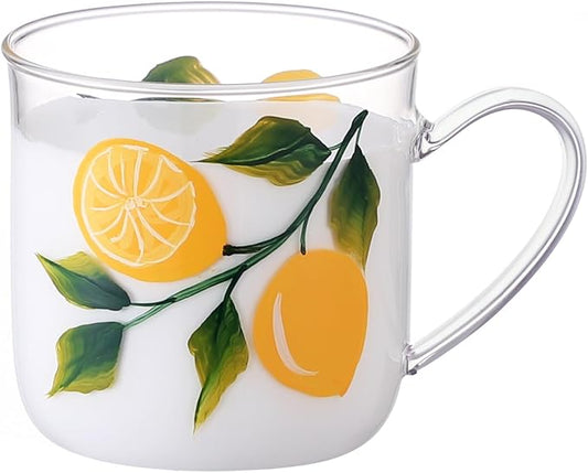 12oz/350ml Hand Painted Glass Cups With Handle,Clear Glass Coffee Cups,Coffee Glasses For Hot Beverages,Clear Mugs (Lemon)
