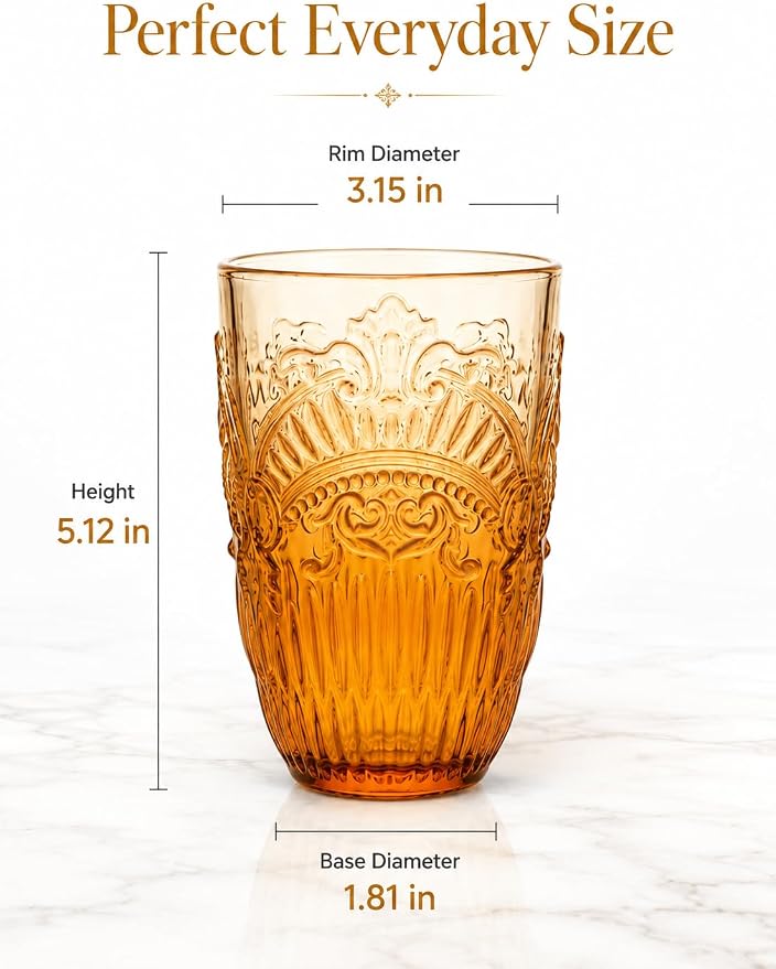 13 OZ 6 Pack Vintage Drinking Glasses Set, Colorful Textured Glass Water Tumblers Cups -Embossed Striped Glassware for Water, Cocktails, Juice, Iced Coffee, Beer(Imperial Arch style) - Image 2