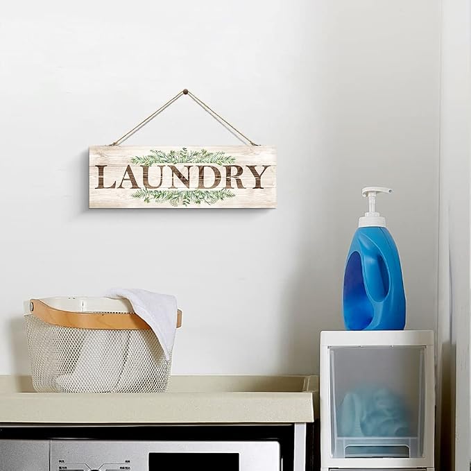 Laundry Sign Wall Decor, Laundry Wall Art with Plant Print, Rustic Farmhouse Wall Hanging Wooden Plaque for Home Decorative (Laundry), 4.7 x 13.7 inches - Image 3