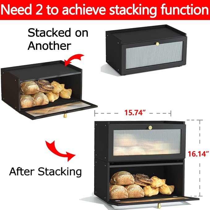 ETMI Black Bread Box for Kitchen Countertop - Modern bamboo Bread box with Window Bread Storage Container - Image 7