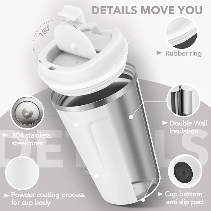 Volhoply 12 oz Double Wall Insulated Vacuum Travel Coffee Mug with Flip Lid,Reusable Stainless Steel Leak Proof Coffee Cup,Portable Iced Cafe Thermal Tumbler Suitable for Hot&Cold Drinks(White,1 Set) - Image 4