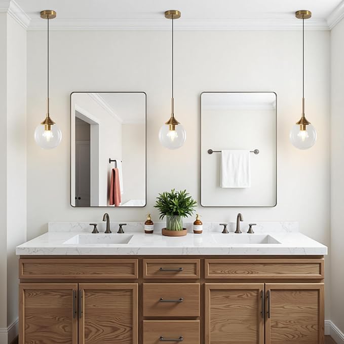 KCO Lighting Brass Gold Small 7.1” Clear Bubble Glass Globe Pendant Light | E26 Base, Sloped Ceiling, Mid Century Modern Adjustable Hanging Ceiling Lamp for Kitchen Island Sink Dining Table Bedroom Bar - Image 5