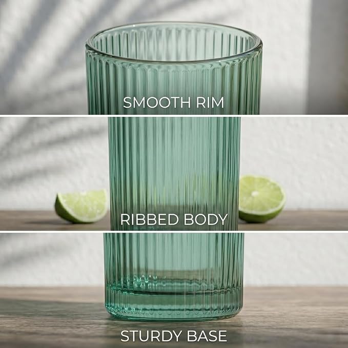 Physkoa Sage Green Ribbed Drinking Glasses Set of 6 – Vintage Embossed Highball Glassware, Thick Durable Tumbler Cups for Water, Juice, Cocktails, Iced Coffee, Kitchen Bar Gift Set - Image 3