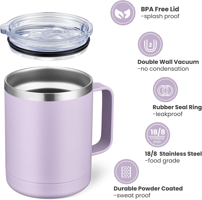 MEWAY 12oz Coffee Mug With Handle and Sliding Lid,Stainless Steel Travel Tumbler Cup with Handle,Double Wall Vacuum Insulated Camping Cup for Hot & Cold Drinks Tea (Lilac,Set of 1) - Image 3