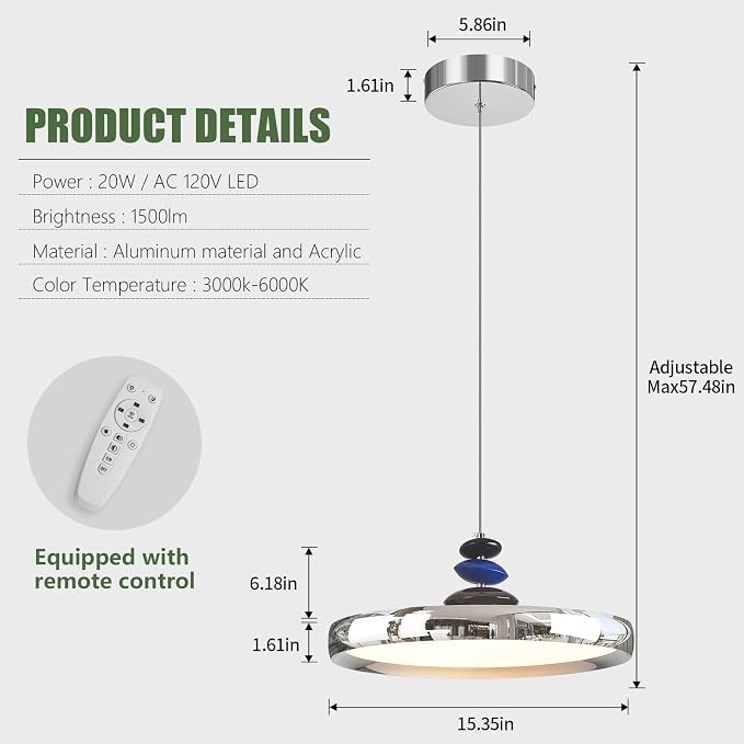Modern Pendant Lights,Chrome 16" LED Pendant Lighting Fixture with Remote Control Dimmable 3 Color Mode & Brightness, Adjustable Hanging Lamp for Kitchen Dining Room Bedroom Kitchen Island - Image 2