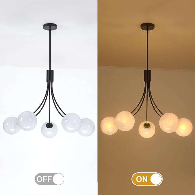 Bubble Chandelier, Modern Sputnik Dining Room 5-Light Chandelier with Black Finish and Glass Globes for Kitchen Bedroom Foyer and Living Room - Image 2