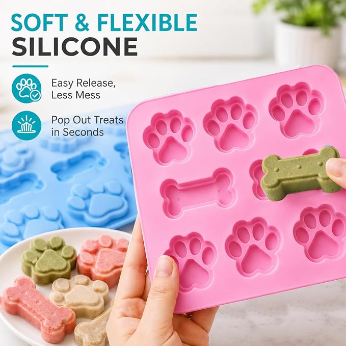 2 Pcs Dog Treat Molds Silicone with Puppy Dog Paw and Bone Shaped 2 in 1，Easy Release – Non-Stick Molds for Homemade Dog Treats, Pudding, Peanut Butter & Baking Biscuits - Image 4