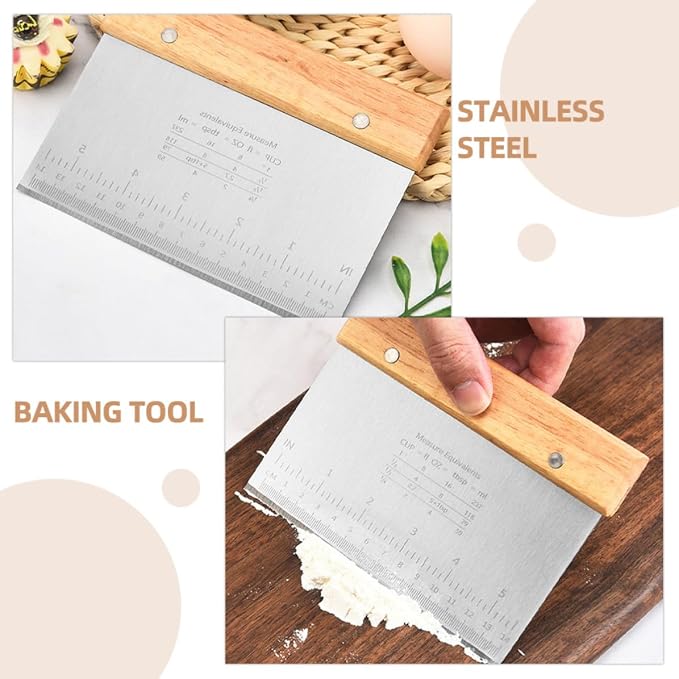 Cabilock 2pcs Stainless Steel and Wood Dough Cutter Tool with Comfortable Handle and Measuring Scale, Multipurpose Dough Scraper for Baking, Cake, and Pizza Preparation - Image 5