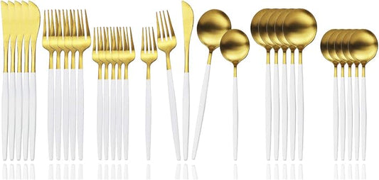 JASHII Flatware Silverware Set Stainless Steel Satin Finish Cutlery Set Service for 6, 30-Piece Spoons And Forks Kitchen Utensil Set, Dishwasher Safe (Matte White handle gold) by JASHII