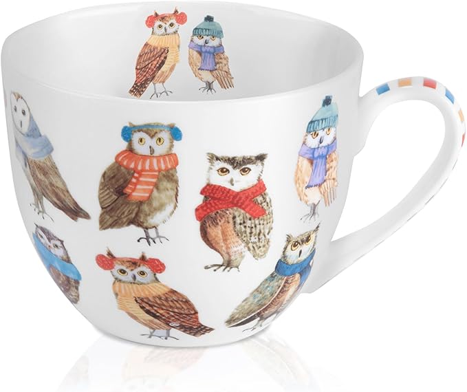 Cute Autumn Owls Coffee Mug, 20 oz Bone China Mugs with Charming Owls in Color Scarves and Hats, Perfect Brithday and Christmas Gift for Bird Enthusiasts, Designed in England by Harvest Green Studio by MFoffice
