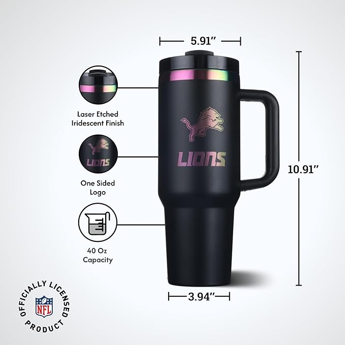 The Memory Company NFL 40oz Iridescent Tumbler - Double-Wall Vacuum Insulated Stainless Steel Water Bottle - Team Spirit Travel Cup with Handle, Lid and Straw, Hot and Cold Drink Container