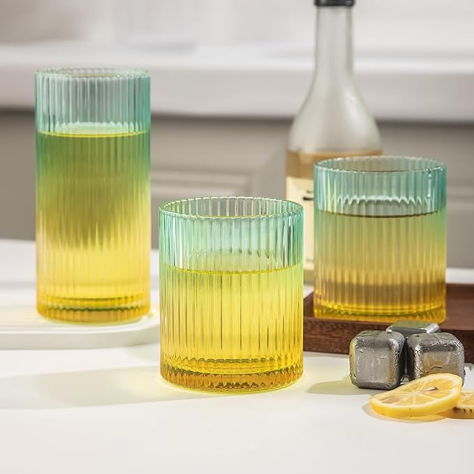 Ribbed Drinking Glasses 8pcs, 12oz and 10oz Glassware, Tumbler Glasses Cup Set for Wedding, Party, Christmas Gift, Golden Green - Image 7