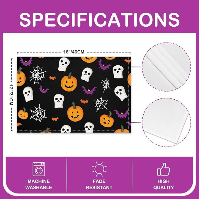 Feelyou Happy Halloween Placemats Set of 4 Ghost Pumpkin Table Mats for Party Kitchen Dining Decoration Holiday Seasonal Black Orange White Place Mat for Dinner Table Indoor Outdoor 18"x12" Cobweb - Image 4