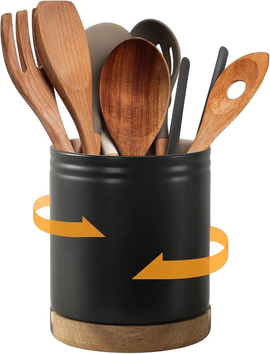 DOWAN 7.6" 360° Rotating Utensil Holder, Kitchen Utensil Holder for Countertop, Ceramic Utensil Crock, Large Cooking Utensil Caddy for Kitchen Counter, Protection Cork Bottom, Black by DOWAN