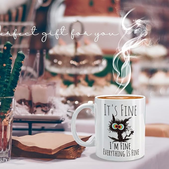 FALJIOK Funny Cat Coffee Mug Gifts for Cat Lover, It's Fine I'm Fine Mug White 11oz, Funny Gifts for Best Friend Bestie, Cats Lover Gift for BIrthday Christmas - Image 2