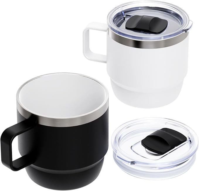 Zenbo 8 oz Stackable Coffee Mugs with Handle & Magnetic Sliding Lid, 2 Pack | Ceramic-Lined 18/8 Stainless Steel Espresso Cups, Double-Wall Vacuum Insulated Mini Tumblers, Dishwasher Safe, Black & White by Zenbo