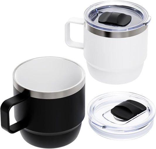 Zenbo 8 oz Stackable Coffee Mugs with Handle & Magnetic Sliding Lid, 2 Pack | Ceramic-Lined 18/8 Stainless Steel Espresso Cups, Double-Wall Vacuum Insulated Mini Tumblers, Dishwasher Safe, Black & White by Zenbo