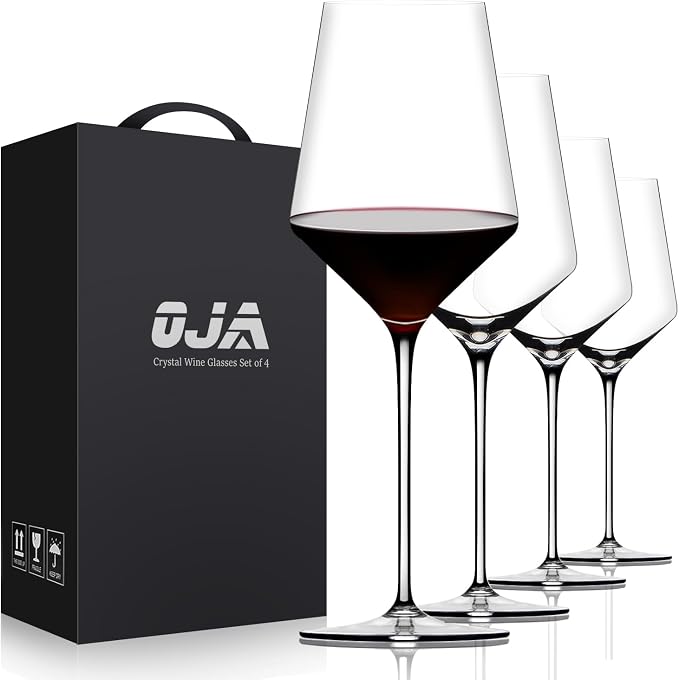 OJA Wine Glasses Set, Crystal Red Hand Blown Wine Glass, Set of 4, 15 oz | Long Stem, Thin Rim, Premium, Perfect for Red or White, Daily Use, Unique Wedding Anniversary or Birthday Gift by oja