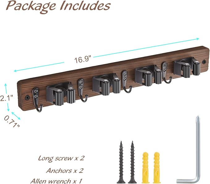 OUTNILI Mop and Broom Holder Wall Mount - Wood Broom Mop Hanger - Wall Mounted Garden Tool Rack Organizer for Closet Garage Laundry Room, Rustic Kitchen Decor With 4 Slots & 4 Hooks - Image 6