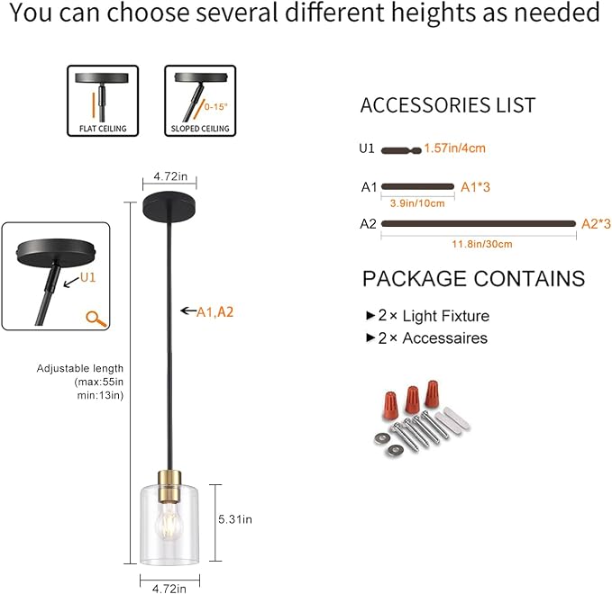 Black Brass Pendant Lights Kitchen Island - Clear Glass Pendant Light Fixture Multiple Stems Rods 3 Units 12 Inch 3 Units 4 Inch (2 Pack Black Brass Downrod) - Image 6