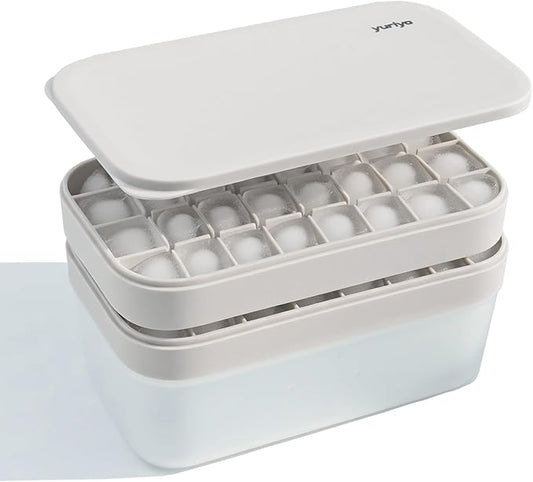 Ice Cube Tray Set with Lid & Bin, 2 Silicone Trays (32-Cube Each, 64 Total), Easy-Release, Stackable, Leak-Proof, Dishwasher Safe, Sand Beige