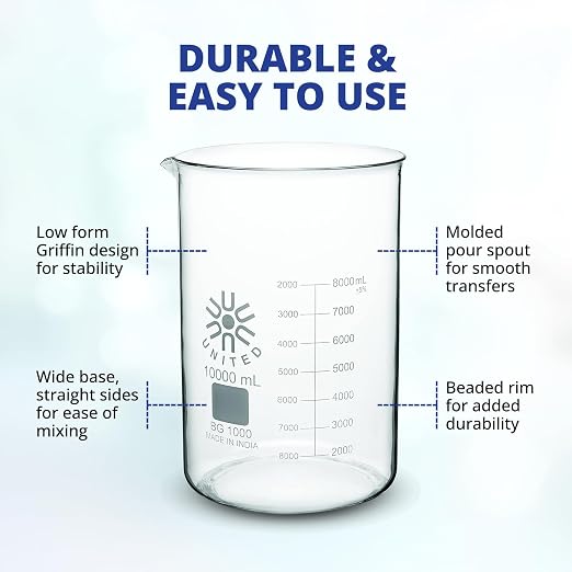United Scientific™ Borosilicate Glass Beaker, 3000ml, Autoclavable, 1 Each | Autoclavable Lab Glassware for Research and Classroom, Thermal Shock Resistant, Molded Pour Spout, Griffin Low Form Design - Image 4