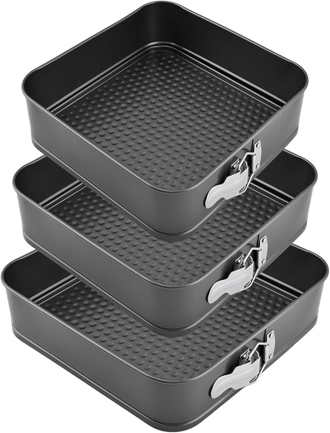 Set of 3 Springform Cake Tins Heavy Duty, Double Layer Non-Stick Coating, Removable Base, Heavy Duty Carbon Steel, Perfect for Frozen Desserts - Oven Safe Bakeware(SIZE:square) - Image 2