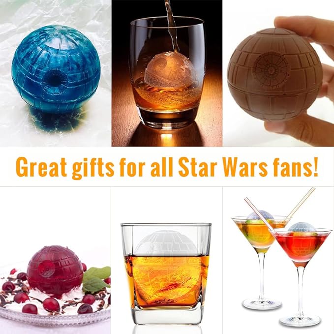 Round Ice Cube Mold Star Wars Death Star Ice Cube Molds for Whiskey Bourbon Cocktails Chocolate (3 Pack + 2 Coasters+1Tray+ Starry bag)
