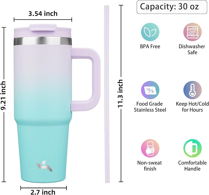 Konokyo 30 oz Insulated Tumbler Water Bottle with Handle, Straw Lid | BPA-free and dishwasher safe; made for gym, travel, coffee and gifting, 2 straws, cup holder friendly,Lavender Green - Image 4