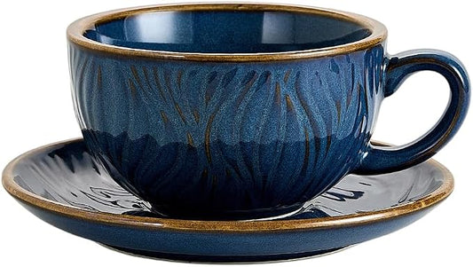 Coffeezone Vintage Design 12 oz Ceramic Latte Art Cappuccino Barista Cup with Saucer (Wave Blue) by Coffeezone