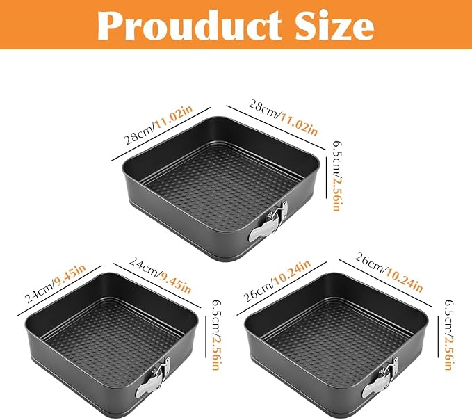 Set of 3 Springform Cake Tins Heavy Duty, Double Layer Non-Stick Coating, Removable Base, Heavy Duty Carbon Steel, Perfect for Frozen Desserts - Oven Safe Bakeware(SIZE:square) - Image 4