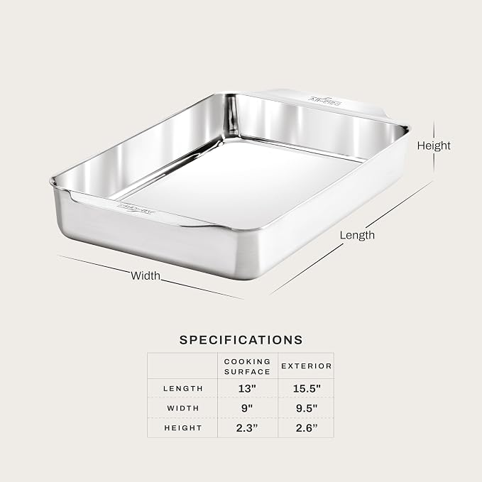 All-Clad Stainless Steel Rectangular Baking Pan 9" x 13" - Tri-ply Bonded for Consistent Baking- (Roast, Bake Cookies, Brownies and More) Professional Stainless Steel Bakeware - Image 2